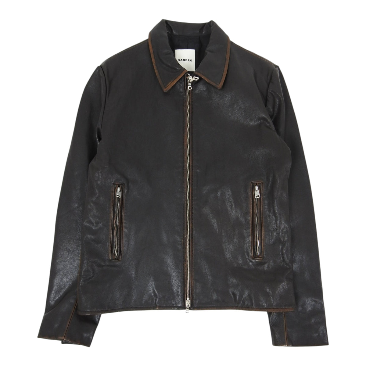 Sandro Brown Distressed Leather Zip Jacket Size Small
