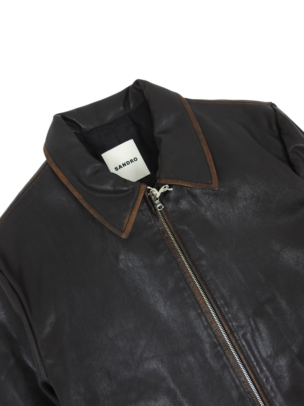 Sandro Brown Distressed Leather Zip Jacket Size Small