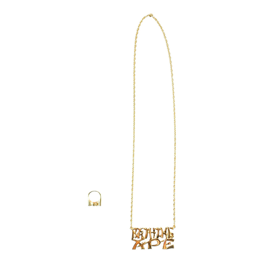 BAPE Bamboo Font Gold Necklace + Ring Set