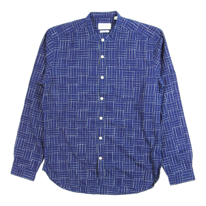 Oliver Spencer Navy Check Mandarin Collar Shirt Size 16