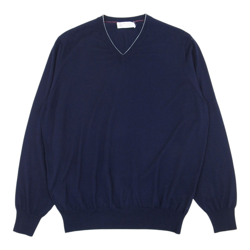 Brunello Navy Grey Lined V Neck Sweater Size 56