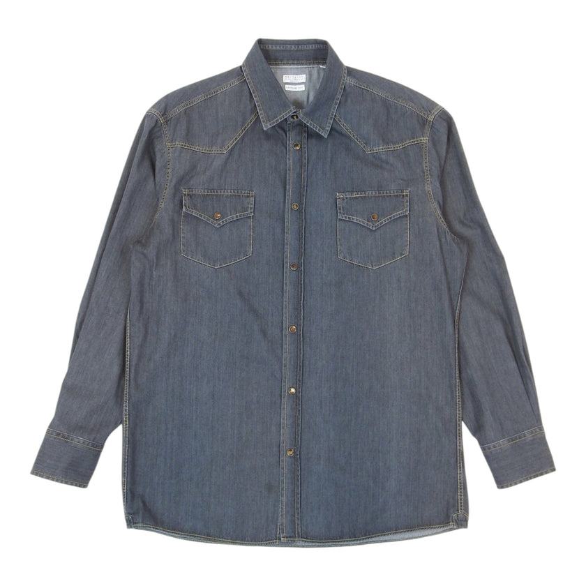 Brunello Cucinelli Grey Western Chambray Shirt Size 2XL
